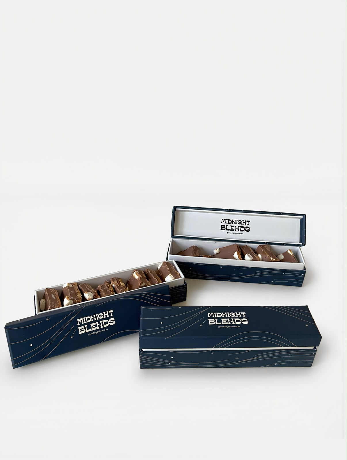Original Bites — bite-sized rocky road milk chocolate pieces in a Midnight Blends navy gift box